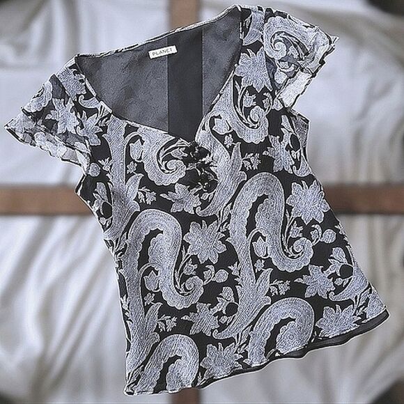 Planet silk crêpe chiffon monochromatic paisley ruffle blouse size M - Picture 3 of 11